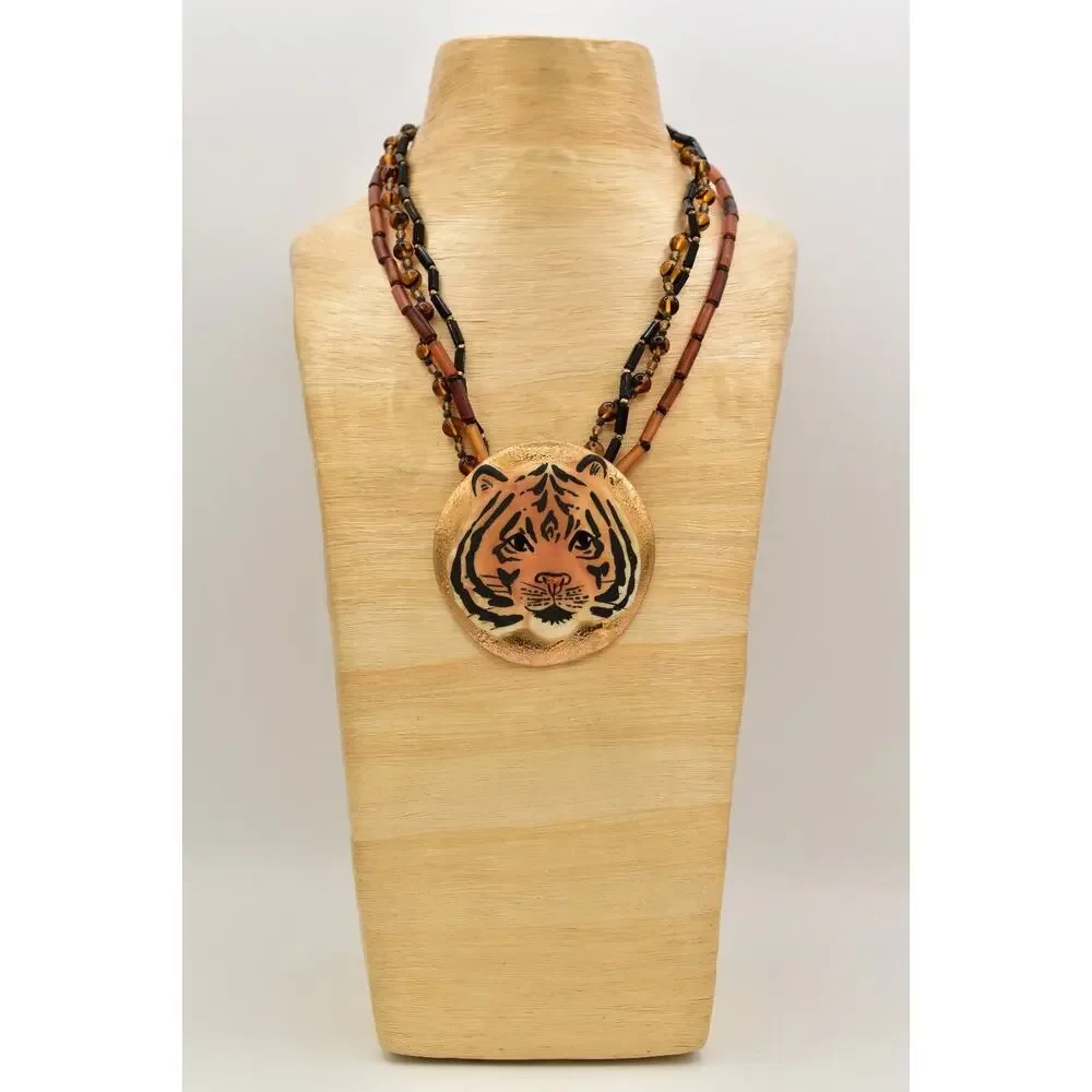 Carol Halmy Vintage Ceramic Beaded Necklace Hand Made Tiger Golden Signed Bin4A